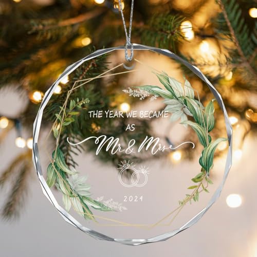 The Year We Became as Mr and Mrs Ornament 2024, Wedding Gifts for Couples Newlyweds 2024 Crystal Glass 3.1" with Gift Box, 1st Year Wedding Ornament Hanging Decoration for Newly Couples