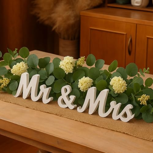 MR and MRS Sign for Wedding Table, Large Wooden Sweetheart Table Decoration for Reception, Freestanding Letters Centerpieces Decor for Ceremony, Anniversary, Valentine's Day, Bride and Groom (White)