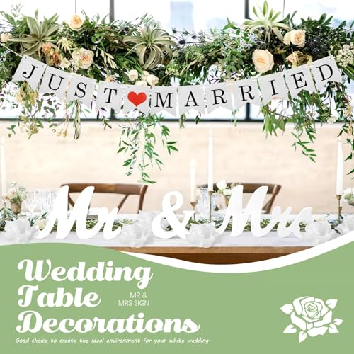 White Wooden Mr and Mrs Signs for Wedding Table, Wooden Wedding Table Signs for Ceremony and Reception - Centerpiece Decorations with Just Married Banner Gifts