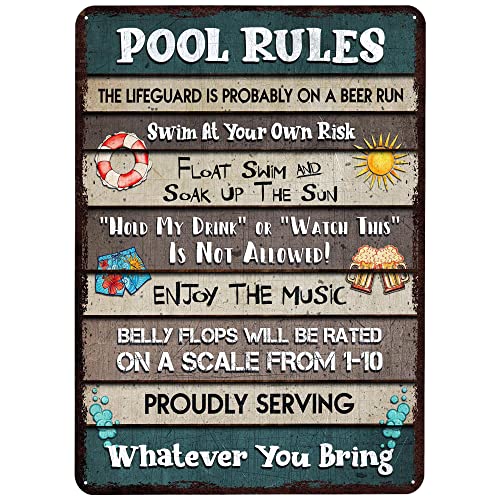 All Over Printed, Pool Rules Metal Sign 12x16 Inches, Funny Pool Decorations, Poolside Outdoor Metal Sign