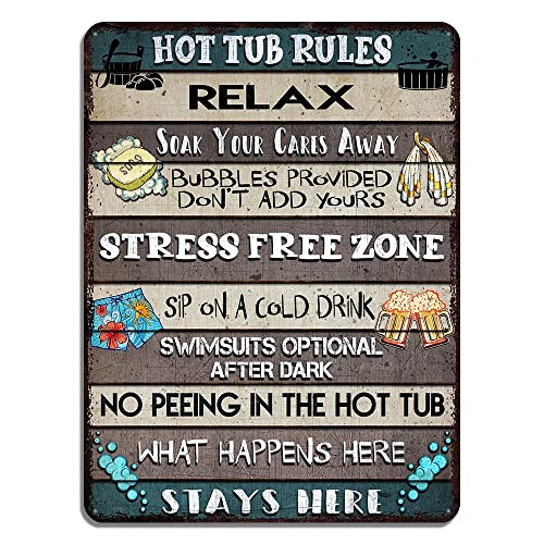 All Over Printed Hot Tub Rules Metal Sign 12x16 Inches, Hot Tub Accessories, Funny Rules Decorations Sign, Outdoor Wall Art Accessories