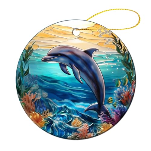 Dolphin Ornament Decor,Ocean Animal Christmas Ornament,Dolphin Round Ceramic Ornament,Ornament for Living Room Walls Window Car Outdoor Decor,Retirement Birthday Holiday Ornament Gifts for Women Men