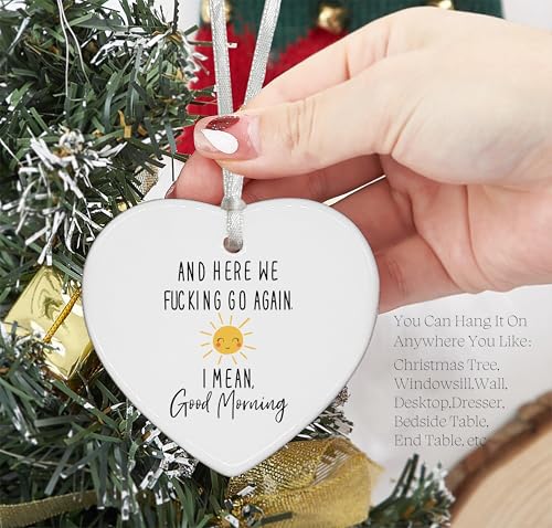 Here We Fucking Go Again-Trash Talk,Sass,Snark-Ton of Swears-Funny New Year Birthday Christmas Mom Gift-Sarcastic Gag Presents for Her Women Friends-Ceramic Heart Shaped Ornament with Gift Box
