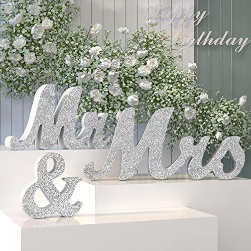 Mr & Mrs Sign & Just Married Banner - Large Sliver Wooden Sweetheart Table Decorations, Photo Props & Anniversary Party Head Table Decoration