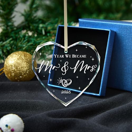 Wedding Gifts, Mr & Mrs Ornament 2025, Bridal Shower Gifts, Just Married Gift for Newlywed Couple, Bride, Crystal Glass Ornament