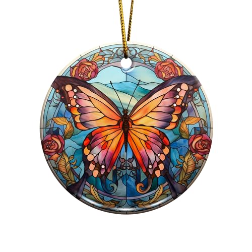 2D Flat All Over Printed, Butterfly Ornaments, Buttefly Ceramic Ornaments, Butterfly Christmas Ornaments, 2 Sides 2.9" Ceramic Ornaments, Butterfly Christmas Decor (EPHG-52541007)