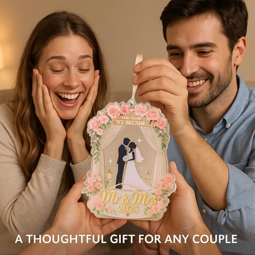 Wedding Gifts for Couples 2025, 3D Acrylic Double Layers Wedding Ornament 2025, Just Married Ornament, Mr and Mrs Ornaments, Car Hanging Ornament, Bride Gift, Gift for Newlyweds (Pink)