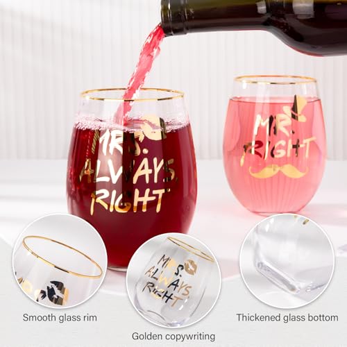 Mr Right and Mrs Always Right Wine Glass - Wedding Gifts for Bride and Groom - Gifts for Bridal Shower Engagement Wedding and Married Couples Anniversary