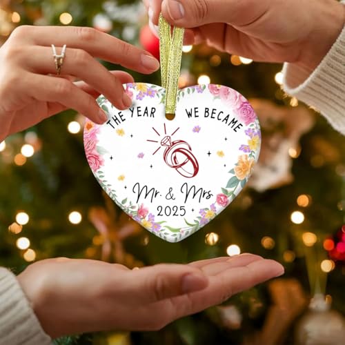 GOSSBY Ceramic Wedding Ornament 2025 - The Year We Became Mr Mrs - Newlywed, Just Married Gift for Couple - First Christmas Wedding Gift for Newlyweds, Bride, Groom - Bridal Shower Xmas Decoration
