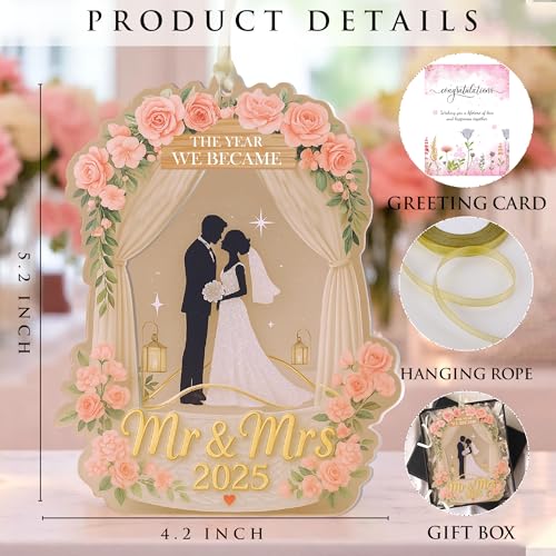 Wedding Gifts for Couples 2025, 3D Acrylic Double Layers Wedding Ornament 2025, Just Married Ornament, Mr and Mrs Ornaments, Car Hanging Ornament, Bride Gift, Gift for Newlyweds (Pink)