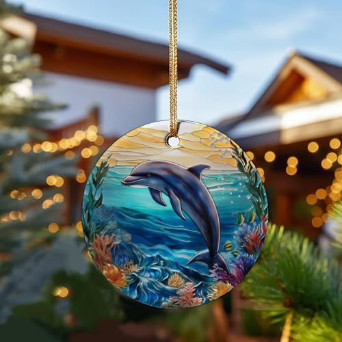 Dolphin Ornament Decor,Ocean Animal Christmas Ornament,Dolphin Round Ceramic Ornament,Ornament for Living Room Walls Window Car Outdoor Decor,Retirement Birthday Holiday Ornament Gifts for Women Men