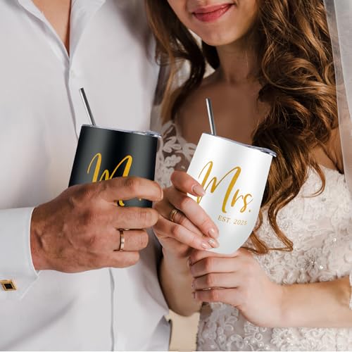 ELEGANTPARK Mr and Mrs Gifts Wedding Gifts for Couples 2025 Newlyweds Engagement Present for Bride and Groom Cups Stainless Steel Mr & Mrs Wine Tumbler with Lid and Straw 12 OZ