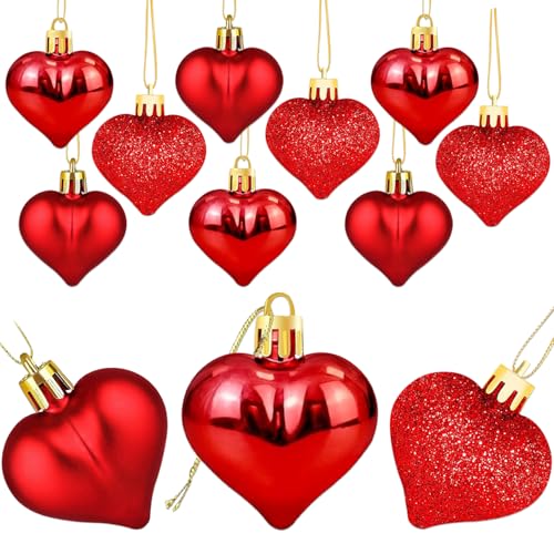 12 Pcs Heart Ornaments for Christmas Tree, 3 Styles Small Red Christmas Ornaments, Valentine Ornaments for Small Tree, Shatterproof Plastic Christmas Ornaments Set