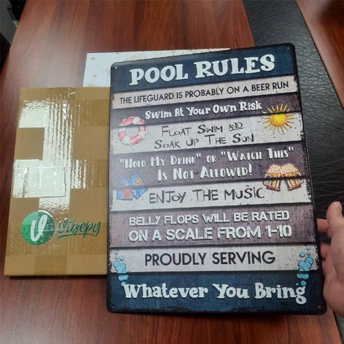 All Over Printed, Pool Rules Metal Sign 12x16 Inches, Funny Pool Decorations, Poolside Outdoor Metal Sign