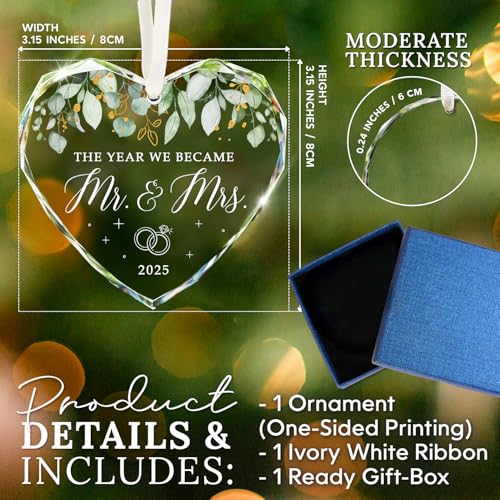 HEXMOZ Wedding Gifts for Couples 2025 - Mr and Mrs Gifts - Wedding Gift Ideas for Newly Wed Couple, Bride, Bridal Shower, Future Mr & Mrs - Just Married Glass Ornament 2025, 1st Married Decorations