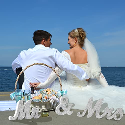 Mr & Mrs Sign & Just Married Banner - Large Sliver Wooden Sweetheart Table Decorations, Photo Props & Anniversary Party Head Table Decoration