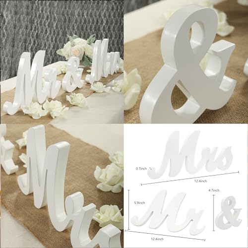 Mr and Mrs Signs Wedding Table Decorations, Wooden Freestanding Letters for Photo Props, Rustic Wedding Decoration, Anniversary Wedding Shower Gift (White + banner)