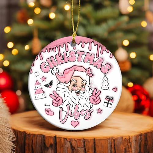 3D Effect Christmas Ornament 2024 | Christmas Vibes Cute Santa 3D Christmas Ornament, Funny Ornament, Christmas Tree with Pink Ornament (Christmas Vibes)