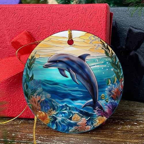 Dolphin Ornament Decor,Ocean Animal Christmas Ornament,Dolphin Round Ceramic Ornament,Ornament for Living Room Walls Window Car Outdoor Decor,Retirement Birthday Holiday Ornament Gifts for Women Men