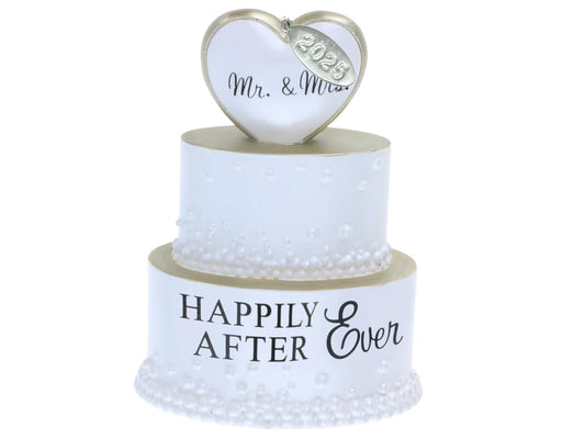 Our First Christmas Married Ornament 2025 Wedding Ornament with Happily Ever After, 3D Wedding Cake Ornament w/Gold Trim in gift box - can be personalized at home