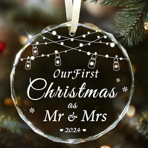 Wedding Gifts for Couple, Mr and Mrs Gifts, First Christmas Married Ornament 2024, Unique Crystal Bridal Shower Gift for Bride