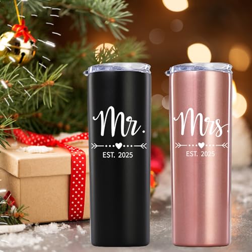 Mamihlap Mr and Mrs Est 2025 Skinny Tumbler.Newlyweds Couples Wife Bride To Be Newly Engaged Bridal Shower Gifts.Wedding Tumbler Idea for Bridal Showers Engagement.(20oz Black&Rose Gold)