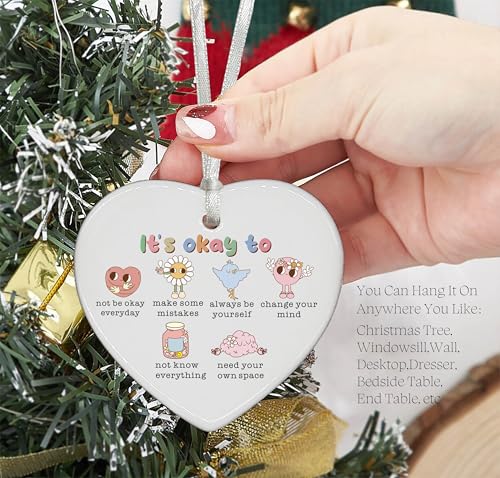 Funny Inspirational Affirmations - Educational Mental Health Gifts - Positive Motivational Encouragement - It's Ok to Feel Ceramic Heart Shaped Ornament