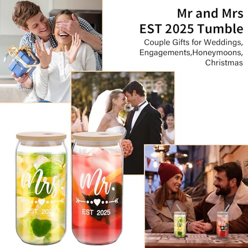 Mr & Mrs Coffee Cups 2025 Gift Set, Wedding & Engagement Gifts for Couples - His & Hers Glass Tumbler Set With Straw