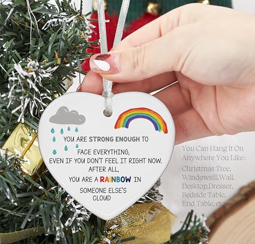 Inspirational Affirmations and Funny Reminder - Positive Motivational Encouragement Gift - You Are Strong Enough Rainbow Rain Theme Ceramic Heart Shaped Ornament
