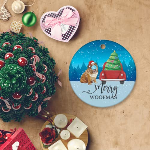 Merry Woofmas Dog Ornament 3 Inch Bulldog Christmas Ornament, Family Hanging Tree Ornament, Keepsake Ornament Christmas Decorations, Ceramic Xmas Ornament