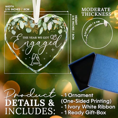 HEXMOZ Engagement Gifts for Couples - Engagement Gifts for Newly Engaged Couples, Bride to Be, Women, Fiance, Her - Just Engaged Gift, First Christmas Heart Shaped Glass Ornament 2025 Party Decoration