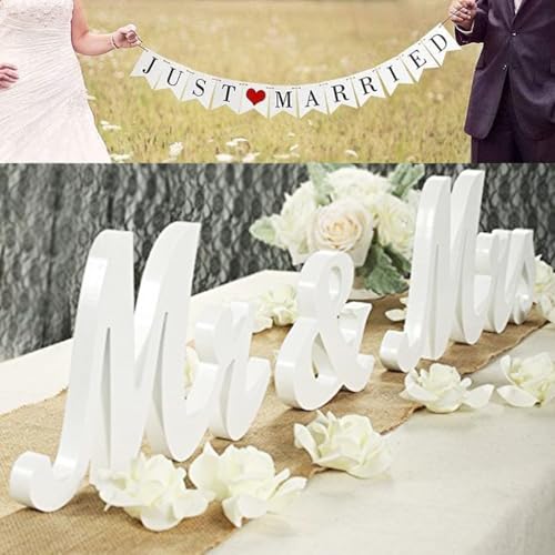Mr and Mrs Signs Wedding Table Decorations, Wooden Freestanding Letters for Photo Props, Rustic Wedding Decoration, Anniversary Wedding Shower Gift (White + banner)