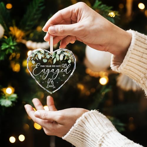 HEXMOZ Engagement Gifts for Couples - Engagement Gifts for Newly Engaged Couples, Bride to Be, Women, Fiance, Her - Just Engaged Gift, First Christmas Heart Shaped Glass Ornament 2025 Party Decoration