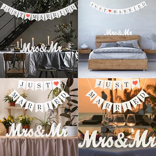Mr and Mrs Signs Wedding Table Decorations, Wooden Freestanding Letters for Photo Props, Rustic Wedding Decoration, Anniversary Wedding Shower Gift (White + banner)