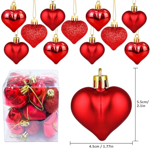 12 Pcs Heart Ornaments for Christmas Tree, 3 Styles Small Red Christmas Ornaments, Valentine Ornaments for Small Tree, Shatterproof Plastic Christmas Ornaments Set