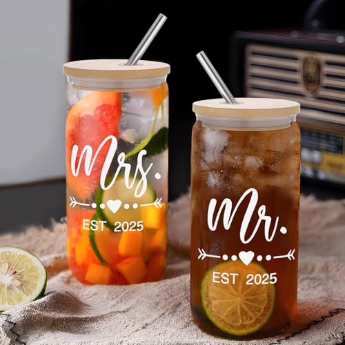 Mr & Mrs Coffee Cups 2025 Gift Set, Wedding & Engagement Gifts for Couples - His & Hers Glass Tumbler Set With Straw