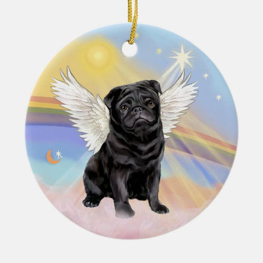 INTERESTPOD Clouds Black Pug Angel Ornament, Dog Loss Gift, in Memory of Dog Ornament, Pet Memory Ornament, Dog Remembrance Ornament