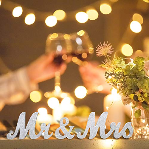 Wooden Mr and Mrs Sign, Rustic Mr. & Mrs. Letters Wedding Signs for Wedding Table, Miss Mr. Deroation for Photo Props/Party Table/Anniversary/Valentine's Day/Wedding & Engagement, Silver
