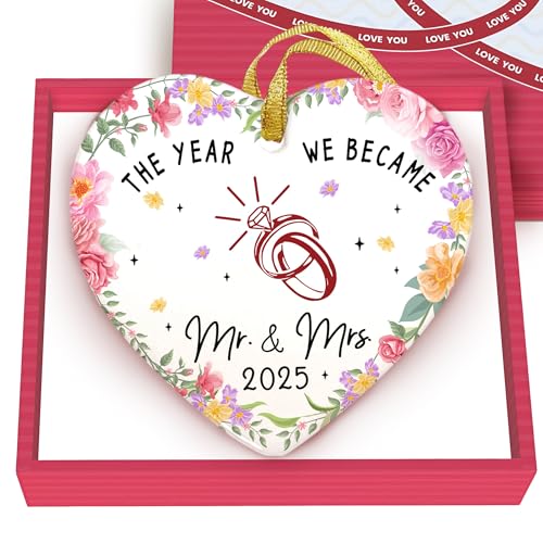 GOSSBY Ceramic Wedding Ornament 2025 - The Year We Became Mr Mrs - Newlywed, Just Married Gift for Couple - First Christmas Wedding Gift for Newlyweds, Bride, Groom - Bridal Shower Xmas Decoration