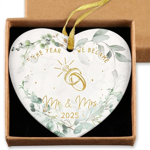 Gossby Ceramic Heart Ornament - The Year WE Became MR MRS 2025 - Wedding Gifts for Couples 2025 - Gifts for Newly Engaged Couples - Mr and Mrs Gift - Best Wedding Gift for Newlyweds, Bride, Groom