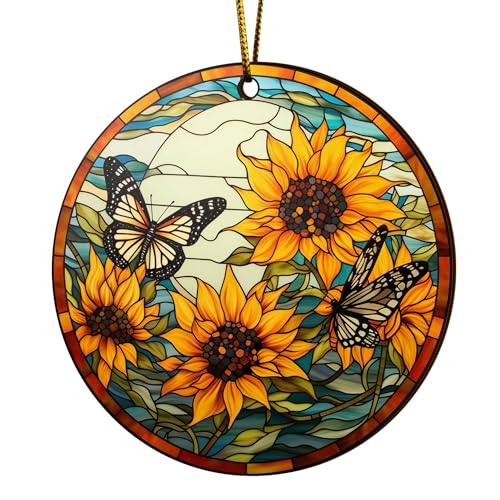 2D Flat All Over Printed, Sunflower Ornaments, Christmas Sunflower Ornaments, 2 Sides 3.5" Wood Ornament, Gift for Sunflower Lover, Christmas Decorations (ORNMWOOD2-EPHG-52399006)
