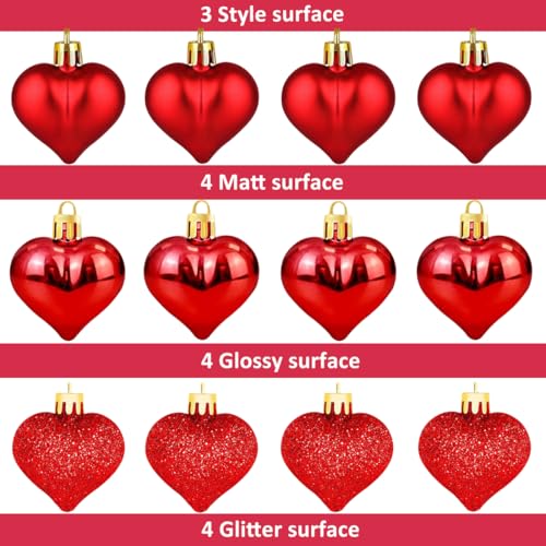 12 Pcs Heart Ornaments for Christmas Tree, 3 Styles Small Red Christmas Ornaments, Valentine Ornaments for Small Tree, Shatterproof Plastic Christmas Ornaments Set