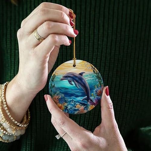 Dolphin Ornament Decor,Ocean Animal Christmas Ornament,Dolphin Round Ceramic Ornament,Ornament for Living Room Walls Window Car Outdoor Decor,Retirement Birthday Holiday Ornament Gifts for Women Men