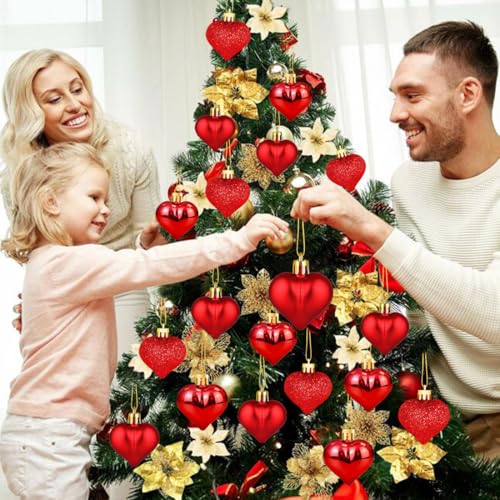 12 Pcs Heart Ornaments for Christmas Tree, 3 Styles Small Red Christmas Ornaments, Valentine Ornaments for Small Tree, Shatterproof Plastic Christmas Ornaments Set