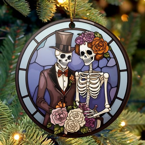 2D Flat All Over Printed, Couple Skeleton Ornaments, Gothic Romantic Ornaments, 2 Sides 3.5" Wood Ornament, Halloween Christmas Decor (Ephg-52602005)