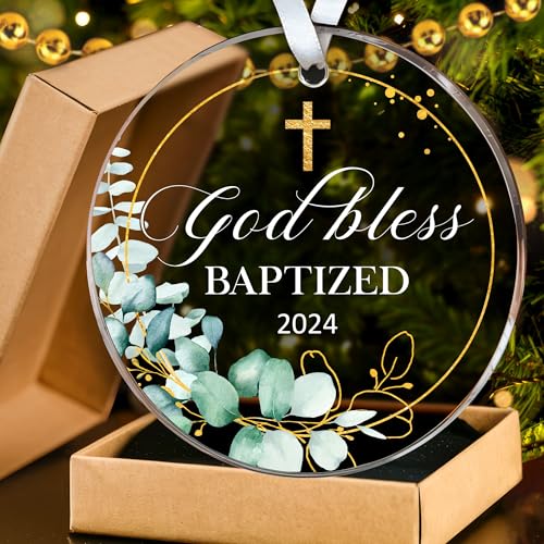 HEXMOZ Baptism Gifts - Christening Gifts for Boys Girls Kids Adults Men Women - Baby Boy, Girl Catholic Baptism Gift for Godson, Goddaughter - Cross God Bless Baptized Acrylic Christmas Ornament 2025