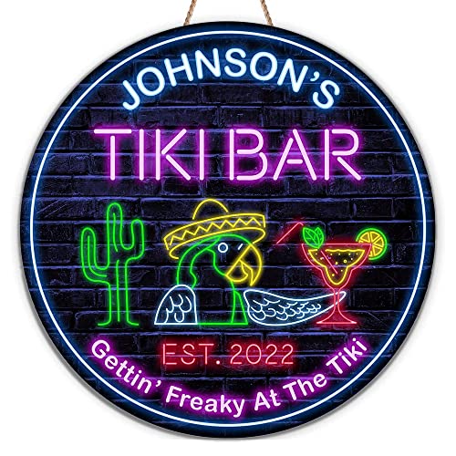 All Over Printed No Real Led Neon Tiki Bar Signs, Gettin' Freaky At The Tiki Signs, 12",18" Wood Signs, Tiki Lounge, Tiki Huts, Tiki Bar, Welcome Sign, Door Signs, Bar Signs, Tiki Signs