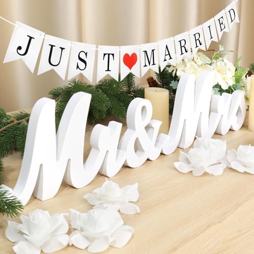 White Wooden Mr and Mrs Signs for Wedding Table, Wooden Wedding Table Signs for Ceremony and Reception - Centerpiece Decorations with Just Married Banner Gifts