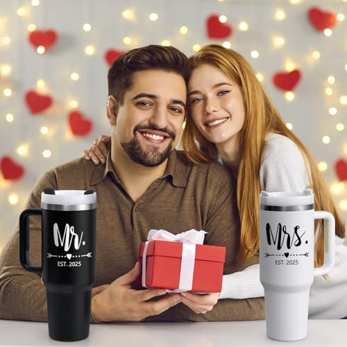 Qtencas Mr and Mrs Gifts, Mr and Mrs EST 2025 Stainless Steel Travel Tumblers Set, Engagement Wedding Gifts, 40 oz 2025 Travel Mug for Couples Newlyweds, Bridal Shower Anniversary Cups（Black & White）