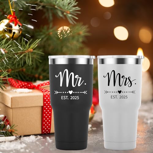 Mamihlap Mr and Mrs Est 2025 Travel Mug 30oz Tumbler.Newlyweds Couples Wife Bride To Be Newly Engaged Bridal Shower Gifts.Wedding Tumbler Idea for Bridal Showers Engagement.(Black&White)